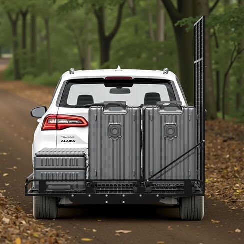 حامل بضائع مقاس 50 × 28.3 × 5.1، سلة شحن من الألومنيوم بسعة 800 رطل مع منحدر قابل للطي، رف حامل الأمتعة يناسب جهاز استقبال وصلة 2 بوصة لسيارات الدفع الرباعي (الفولاذ المقاوم للصدأ باللون الأسود) in Kuwait