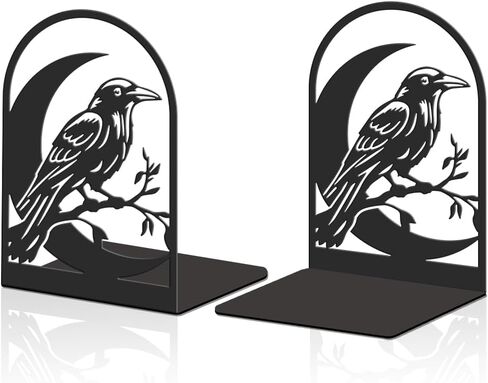 2pcs Large Black Book Ends Moon and Crow Metal Non-Slip Bookends Heavy Duty Stoppers Reading Decorative Bookends Festival Gift for School Student in Saudi Arabia