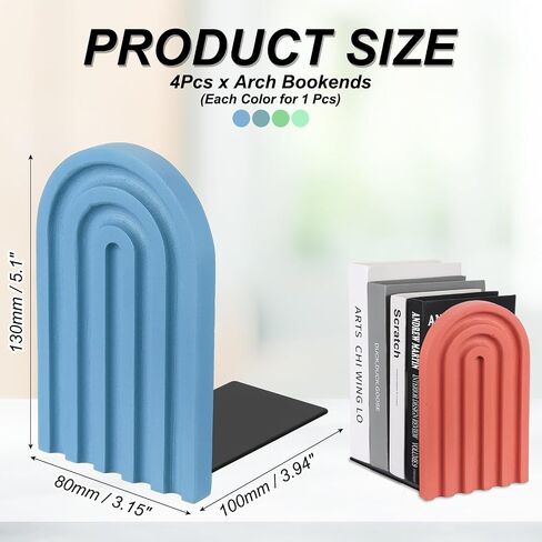 PATIKIL 4Pcs Boho Arch Bookends, Non-Skid Wood Book Ends Rainbow Wooden for Shelves Book Stopper Stand Cute for Holding Books Movie CD Home Office Library Decorative, Red/Orange/Blue Tone in Kuwait