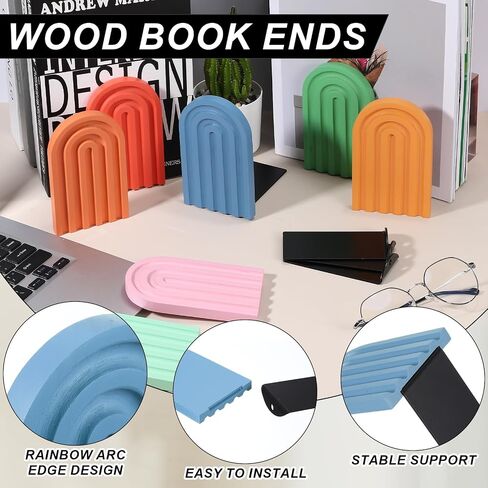 PATIKIL 4Pcs Boho Arch Bookends, Non-Skid Wood Book Ends Rainbow Wooden for Shelves Book Stopper Stand Cute for Holding Books Movie CD Home Office Library Decorative, Red/Orange/Blue Tone in Kuwait