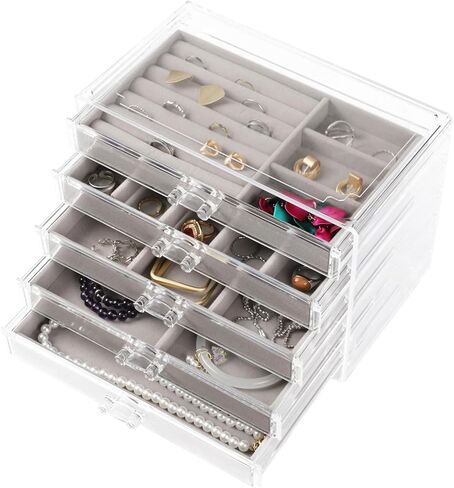 WEIKIMFF Clear Acrylic Jewelry Organizer Box With 3 Drawers, Transparent Storage Box Can Be Stacked,Velvet Tray Can Be Adjusted For Storing Earrings Rings Bracelets Necklaces Gift for Women in Kuwait