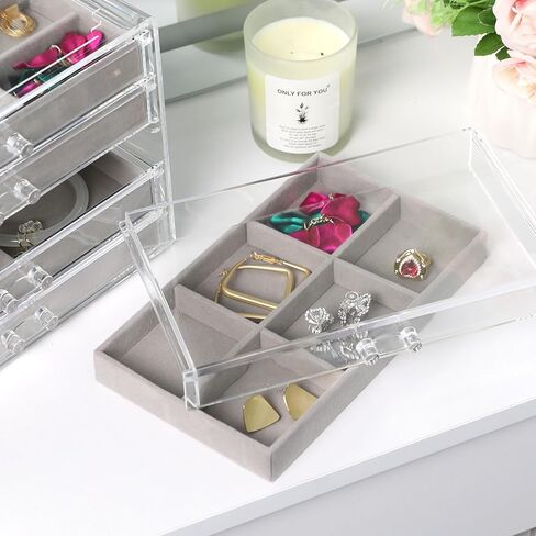 WEIKIMFF Clear Acrylic Jewelry Organizer Box With 3 Drawers, Transparent Storage Box Can Be Stacked,Velvet Tray Can Be Adjusted For Storing Earrings Rings Bracelets Necklaces Gift for Women in Kuwait