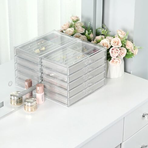 WEIKIMFF Clear Acrylic Jewelry Organizer Box With 3 Drawers, Transparent Storage Box Can Be Stacked,Velvet Tray Can Be Adjusted For Storing Earrings Rings Bracelets Necklaces Gift for Women in Kuwait
