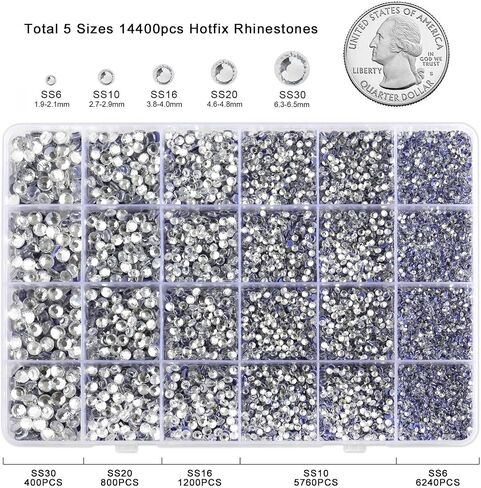 Crystal Hotfix Rhinestones Multi Sizes Kit, 14400 pcs Heat Fix Rhinestone for Bedazzling Clothes Crafts Mixed 5 Sizes with Wax Pencil, Tweezers and Spoon, SS6-SS30, Crystal in Saudi Arabia