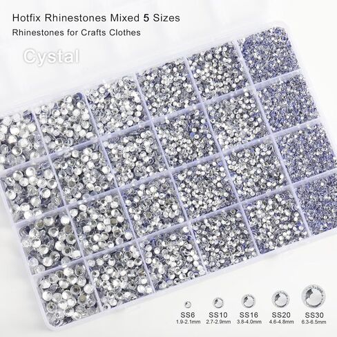 Crystal Hotfix Rhinestones Multi Sizes Kit, 14400 pcs Heat Fix Rhinestone for Bedazzling Clothes Crafts Mixed 5 Sizes with Wax Pencil, Tweezers and Spoon, SS6-SS30, Crystal in Saudi Arabia