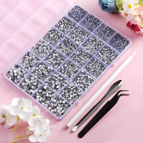 Crystal Hotfix Rhinestones Multi Sizes Kit, 14400 pcs Heat Fix Rhinestone for Bedazzling Clothes Crafts Mixed 5 Sizes with Wax Pencil, Tweezers and Spoon, SS6-SS30, Crystal in Saudi Arabia