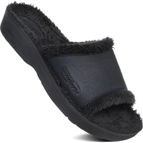 AEROTHOTIC House Slippers for Women Indoor Outdoor Slip on Recovery Plantar Fasciitis Relief Faux Fur Lining Footbed with Breathable Stylish Strap Walking Travel Fuzzy Slides in Kuwait
