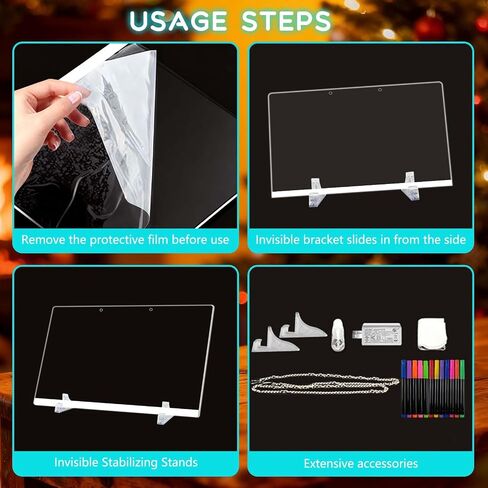 لوحة ملاحظات LED مع 7 ألوان، لوحة رسم Lumiboard، 3 أوضاع و7 ألوان، لوحات مسح جافة مضيئة مع 12 قلم تحديد، قماش ناعم، سلسلة تعليق، لوحة كتابة للمنزل/المكتب/الديكور in Saudi Arabia
