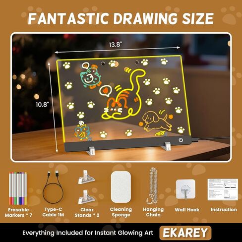 7-Color LED Drawing Board for Kids, 13.8"X9.8" Acrylic DIY Drawing Pad for Kids, Dry Erase Board with Touch Control, Doodle Glow, Night Light Message Note Sign Board with 7 Markers Home Christmas in Saudi Arabia