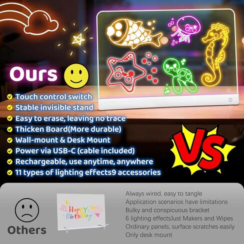 لوحة رسم LED للأطفال، لوحة رسم جافة من الأكريليك قابلة لإعادة الشحن، لوحة رسم LED Lumiboard مع 11 لونًا، لوحة رسومات الشعار المبتكرة المتوهجة بحامل غير مرئي، هدايا عيد الميلاد للأطفال والبنات والأولاد in Kuwait