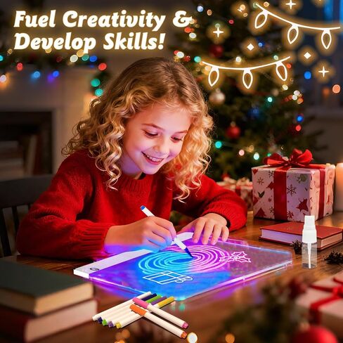لوحة رسم LED للأطفال، لوحة رسم جافة من الأكريليك قابلة لإعادة الشحن، لوحة رسم LED Lumiboard مع 11 لونًا، لوحة رسومات الشعار المبتكرة المتوهجة بحامل غير مرئي، هدايا عيد الميلاد للأطفال والبنات والأولاد in Kuwait