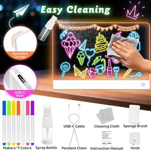 لوحة رسم LED للأطفال، لوحة رسم جافة من الأكريليك قابلة لإعادة الشحن، لوحة رسم LED Lumiboard مع 11 لونًا، لوحة رسومات الشعار المبتكرة المتوهجة بحامل غير مرئي، هدايا عيد الميلاد للأطفال والبنات والأولاد in Kuwait