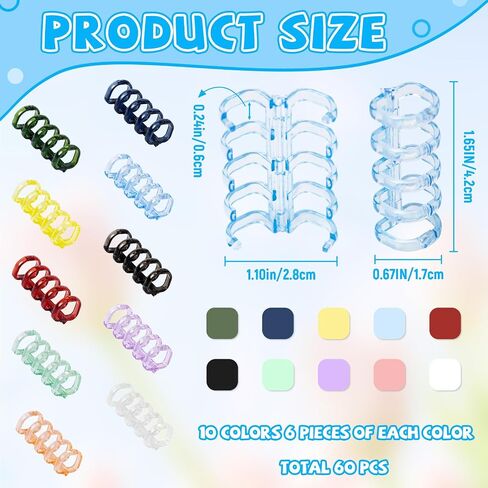 60 Pcs 5 Ring Colorful Plastic Loose Leaf Binder Rings, Binding Spines, Spiral Book Binder Coils, Split Binder Rings for Notebook File Making (Colorful) in Saudi Arabia