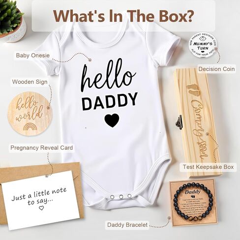 إعلان مفاجئ عن الحمل للزوج، تتضمن مجموعة أدوات الكشف عن الحمل صندوق اختبار الحمل Hello Daddy Baby Bodysuit بطاقة كشف الحمل وسوار الأب وعملة قرار وعلامات إعلان خشبية، Hello Daddy إعلان الحمل للأب in Kuwait