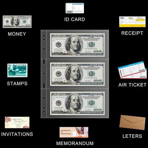 35-Page Money Binder Refill Sheets - 3-Pocket Dollar Bill Sleeves for Collectors | Non-PVC Currency Album Pages Holds US & Foreign Paper Money, Banknotes in Saudi Arabia
