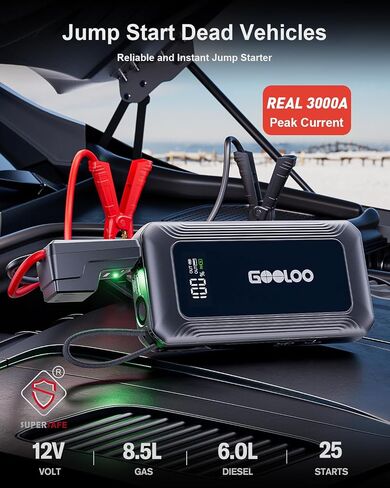 GOOLOO G7 3000A Jump Starter مع كابل مدمج، بنك طاقة محمول للشحن السريع 45 وات، صندوق قفز ليثيوم فائق الأمان 12 فولت، حزمة معززة للبطارية تصل إلى 8.5 لتر غاز أو محرك ديزل 6.0 لتر in Kuwait