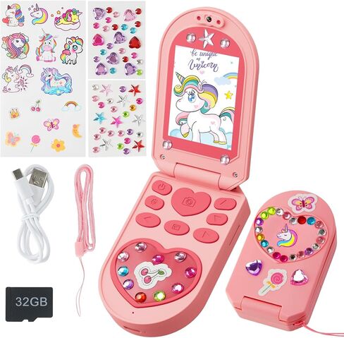 Kids Camera, 3-7 Years Old Girls Gifts, 2.0-inch Flip Phone Digital Camera with 32GB SD Card, DIY Stickers, 1080P Video, Games, Music Player, Christmas Birthday Toys Presents for Girls (Pink) in Saudi Arabia