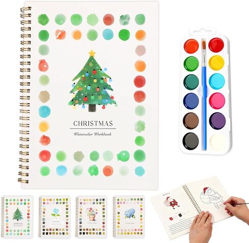 Watercolor Workbooks, Beginner Watercolor Painting Kit –Water Coloring Book Paint Set Workbook with 12 Watercolor Paints & Brush (Christmas) in Kuwait
