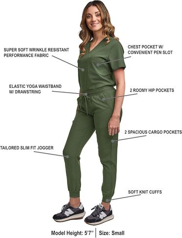 Green Town Scrubs for Women Scrub Set - Jogger Pant and Tuck-in V-Neck Top, 5 Pockets, Yoga Waistband, Nursing Uniform-Caribbean-X-Large Petite in Saudi Arabia
