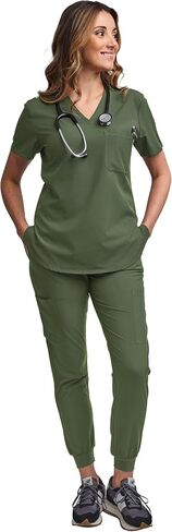 Green Town Scrubs for Women Scrub Set - Jogger Pant and Tuck-in V-Neck Top, 5 Pockets, Yoga Waistband, Nursing Uniform-Caribbean-X-Large Petite in Saudi Arabia