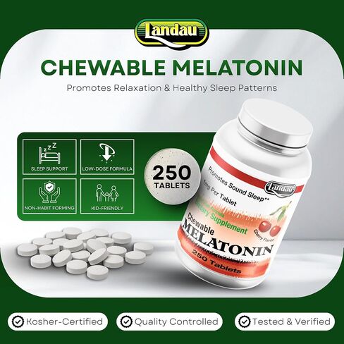 Landau 1mg ميلاتونين قابل للمضغ - مساعد نوم طبيعي سهل الاستخدام للرجال والنساء - الميلاتونين الخاص بنا موافق للشريعة اليهودية ومصنوع في الولايات المتحدة الأمريكية - 100 قرص، نكهة الكرز الطبيعية in Saudi Arabia