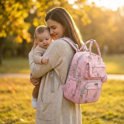 حقيبة ظهر للحفاضات للأطفال - حقيبة سفر ذات سعة كبيرة مقاومة للماء، حقيبة أطفال متعددة الوظائف مع وسادة تغيير الحفاضات، حامل اللهاية وأشرطة عربة الأطفال (وردي أحمر الخدود) in Kuwait