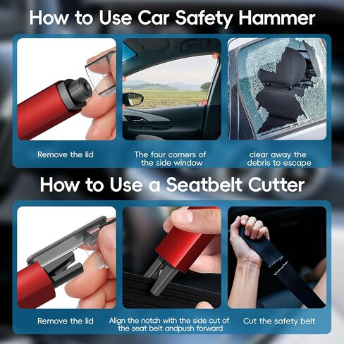 2-in-1 Window Breaker Seatbelt Cutter, Car Safety Hammer Emergency Escape Keychain Tool for Underwater Vehicle Travel, with Test Glass 4PCS Red in Saudi Arabia