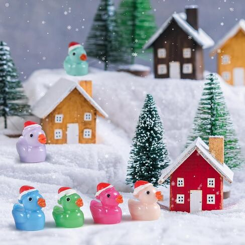 150Pcs Christmas Mini Resin Ducks Luminous Miniature Xmas Hat Animals Glow in The Dark Bulk for Micro Fairy Garden Dollhouse Decor Small Party DIY Slime Kit Prank Game Tiny Figure in Kuwait