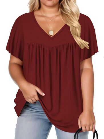 VISLILY Womens-Plus-Size-Summer-Tops 2024 Pleated V Neck T Shirts Short Sleeve Blouses Ruffle Flowy Tunics XL-5XL in Kuwait