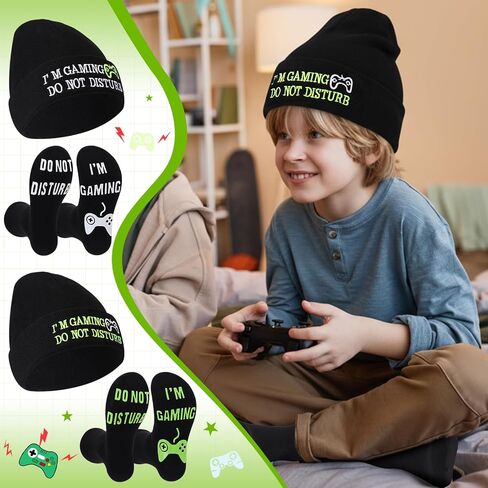 4 Pieces I'm Gaming Socks Beanie Hats, Included 2 Pairs Novelty Gamer Socks Warm Casual Crew Socks and 2 Pieces Knit Hat Black Skull Cap for Women Men in Saudi Arabia