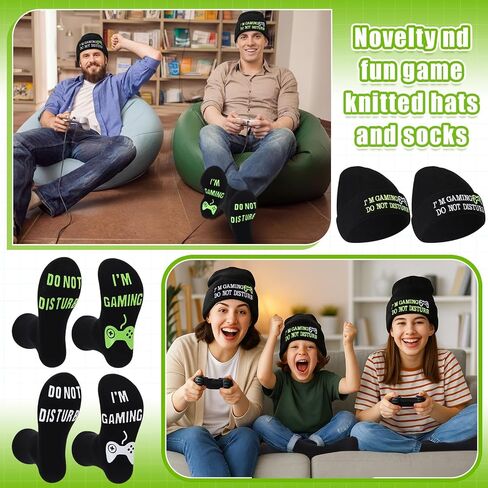 4 Pieces I'm Gaming Socks Beanie Hats, Included 2 Pairs Novelty Gamer Socks Warm Casual Crew Socks and 2 Pieces Knit Hat Black Skull Cap for Women Men in Saudi Arabia