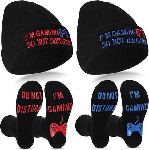 4 Pieces I'm Gaming Socks Beanie Hats, Included 2 Pairs Novelty Gamer Socks Warm Casual Crew Socks and 2 Pieces Knit Hat Black Skull Cap for Women Men in Saudi Arabia