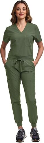 Green Town Scrubs for Women Scrub Set - Jogger Pant and Tuck-in V-Neck Top, 5 Pockets, Yoga Waistband, Nursing Uniform-Pewter-XX-Large Petite in Saudi Arabia