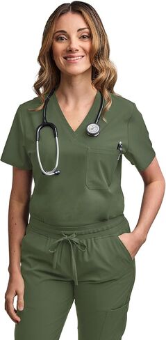 Green Town Scrubs for Women Scrub Set - Jogger Pant and Tuck-in V-Neck Top, 5 Pockets, Yoga Waistband, Nursing Uniform-Pewter-XX-Large Petite in Saudi Arabia