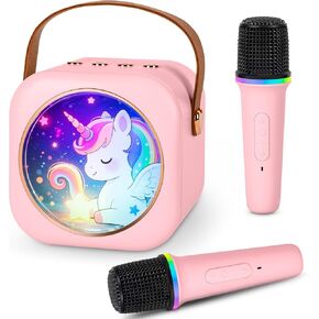 Mini Karaoke Machine with 2 Wireless Microphones, Portable Bluetooth Speaker for Kids & Adults, Ideal Birthday for Girls Boys Ages 3-12, Home Party Travel Entertainment Toy(Pink) in Saudi Arabia