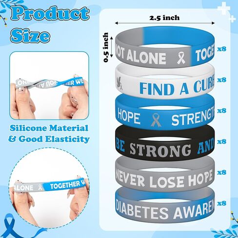 WATINC Diabetes Awareness Wristbands Bulk - Blue Gray Ribbon Type 1 Diabetes Prevention Motivational Silicone Bracelets in Saudi Arabia