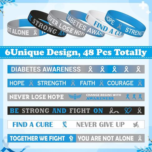 WATINC Diabetes Awareness Wristbands Bulk - Blue Gray Ribbon Type 1 Diabetes Prevention Motivational Silicone Bracelets in Saudi Arabia