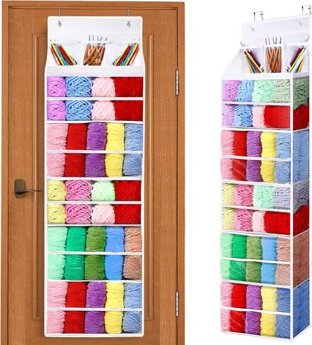 Hanging Yarn Storage Organizer - 6 Tiers Over the Door Yarn Crochet Organizer Shelves with 3 Top Knitting Needle Pockets, Large Capacity Clear Yarn ball Holder for Knitting Supplies in Saudi Arabia
