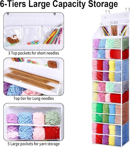Hanging Yarn Storage Organizer - 6 Tiers Over the Door Yarn Crochet Organizer Shelves with 3 Top Knitting Needle Pockets, Large Capacity Clear Yarn ball Holder for Knitting Supplies in Saudi Arabia