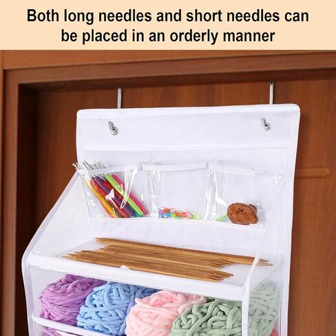 Hanging Yarn Storage Organizer - 6 Tiers Over the Door Yarn Crochet Organizer Shelves with 3 Top Knitting Needle Pockets, Large Capacity Clear Yarn ball Holder for Knitting Supplies in Saudi Arabia