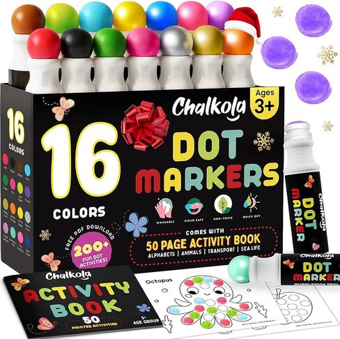 Chalkola Kids Washable Dot Markers 10 Shimmer Colors | Water-Based Non Toxic Paint Daubers for Toddlers | Fun Preschool Art Supplies in Kuwait