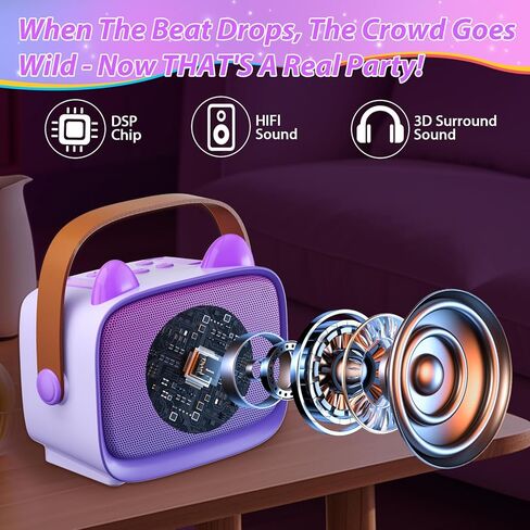 آلة كاريوكي صغيرة للأطفال البالغين (ترقية 2025)، مكبر صوت بلوتوث محمول مع 2 ميكروفون لاسلكي، حامل هاتف مدمج ورسوم متحركة إيموجي، هدية عيد ميلاد للأولاد والبنات 3-12 حفلة كاريوكي منزلية in Kuwait