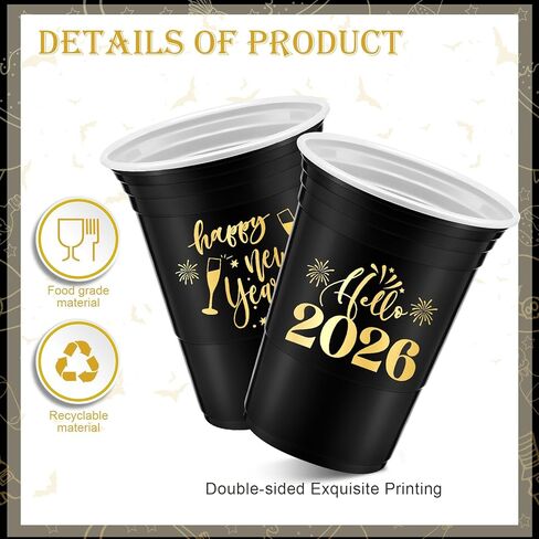 Mifoci 50 Pack Happy New Year Disposable Thick Cups 16oz Happy New Year 2026 Holiday Cups Decorations for Festive Party Favors Eve Party Supplies, Gold and Black in Kuwait