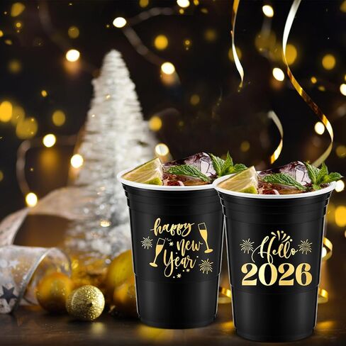 Mifoci 50 Pack Happy New Year Disposable Thick Cups 16oz Happy New Year 2026 Holiday Cups Decorations for Festive Party Favors Eve Party Supplies, Gold and Black in Kuwait