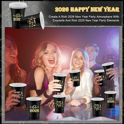 Mifoci 50 Pack Happy New Year Disposable Thick Cups 16oz Happy New Year 2026 Holiday Cups Decorations for Festive Party Favors Eve Party Supplies, Gold and Black in Kuwait