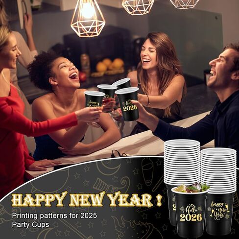 Mifoci 50 Pack Happy New Year Disposable Thick Cups 16oz Happy New Year 2026 Holiday Cups Decorations for Festive Party Favors Eve Party Supplies, Gold and Black in Kuwait