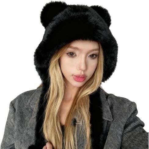 Winter Furry Cute Bear Ear Beanie Hat Women Thermal Fuzzy Animal Critter Hat with Earflap Girls Plush Windproof Soft Cap Gift in Saudi Arabia
