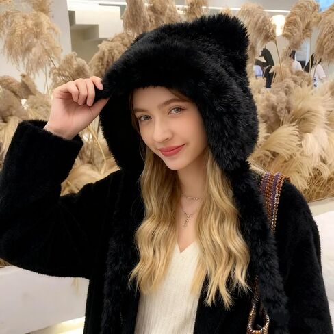 Winter Furry Cute Bear Ear Beanie Hat Women Thermal Fuzzy Animal Critter Hat with Earflap Girls Plush Windproof Soft Cap Gift in Saudi Arabia