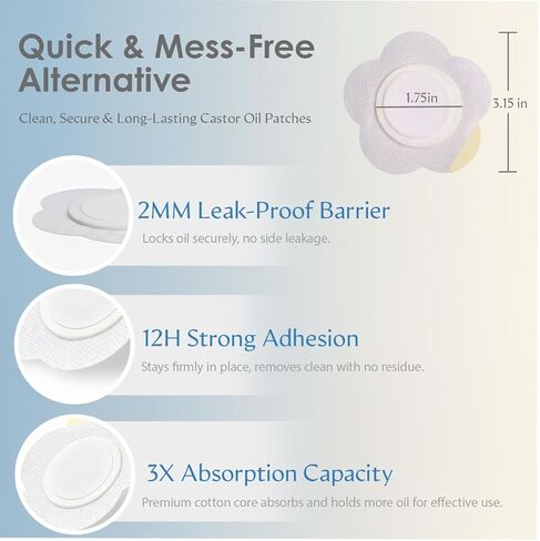 رقعة زر البطن بزيت الخروع - 50 قطعة من لفافات زيت الخروع للاستعمال مرة واحدة مع وسادة من القطن العضوي، غطاء رقعة زر البطن مانع للتسرب، مسامي وصديق للبشرة in Kuwait