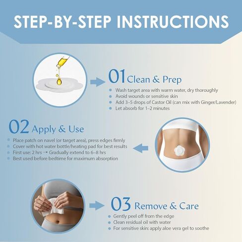 رقعة زر البطن بزيت الخروع - 50 قطعة من لفافات زيت الخروع للاستعمال مرة واحدة مع وسادة من القطن العضوي، غطاء رقعة زر البطن مانع للتسرب، مسامي وصديق للبشرة in Kuwait